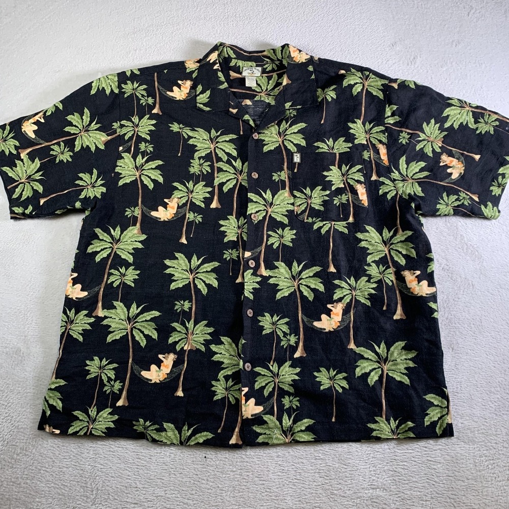 Original‎ Island Sport Shirt Mens 2XL Black Palm Tree Hawaiian Aloha Linen Rayon